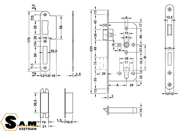 Thân khóa Hafele 911.25.402 55/72mm INOX 316