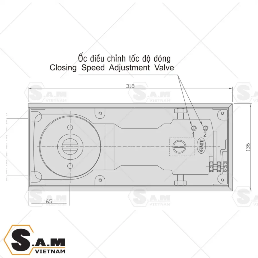 Thông số kích thước thân bản lề sàn GMT S-2400Q