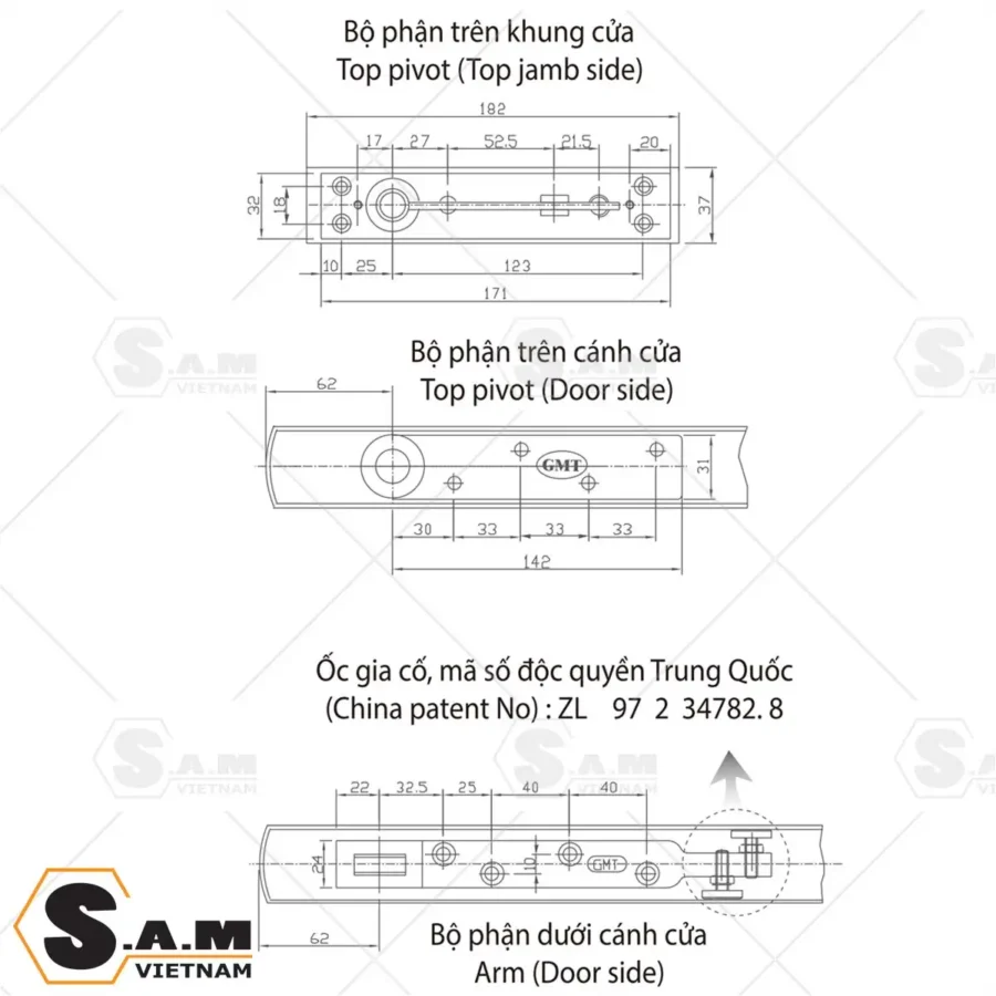 Thông số kích thước phụ kiện kẹp cửa cho GMT S2400Q