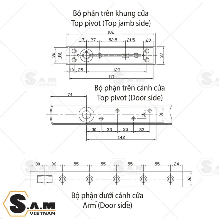Kích thước bản lề sàn GMT S2500Q